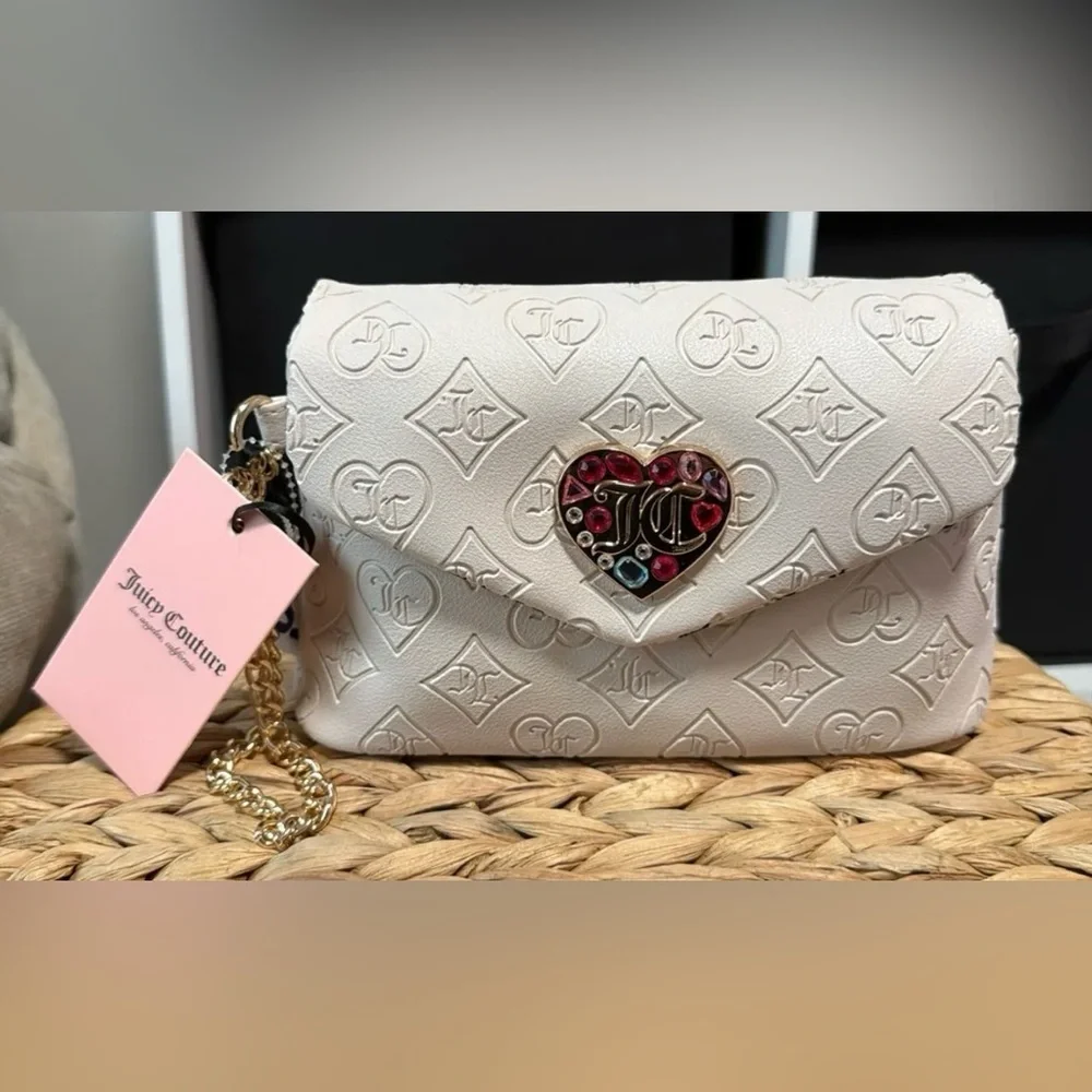 Juicy Couture Cream Embossed Wristlet Clutch with Heart Accent